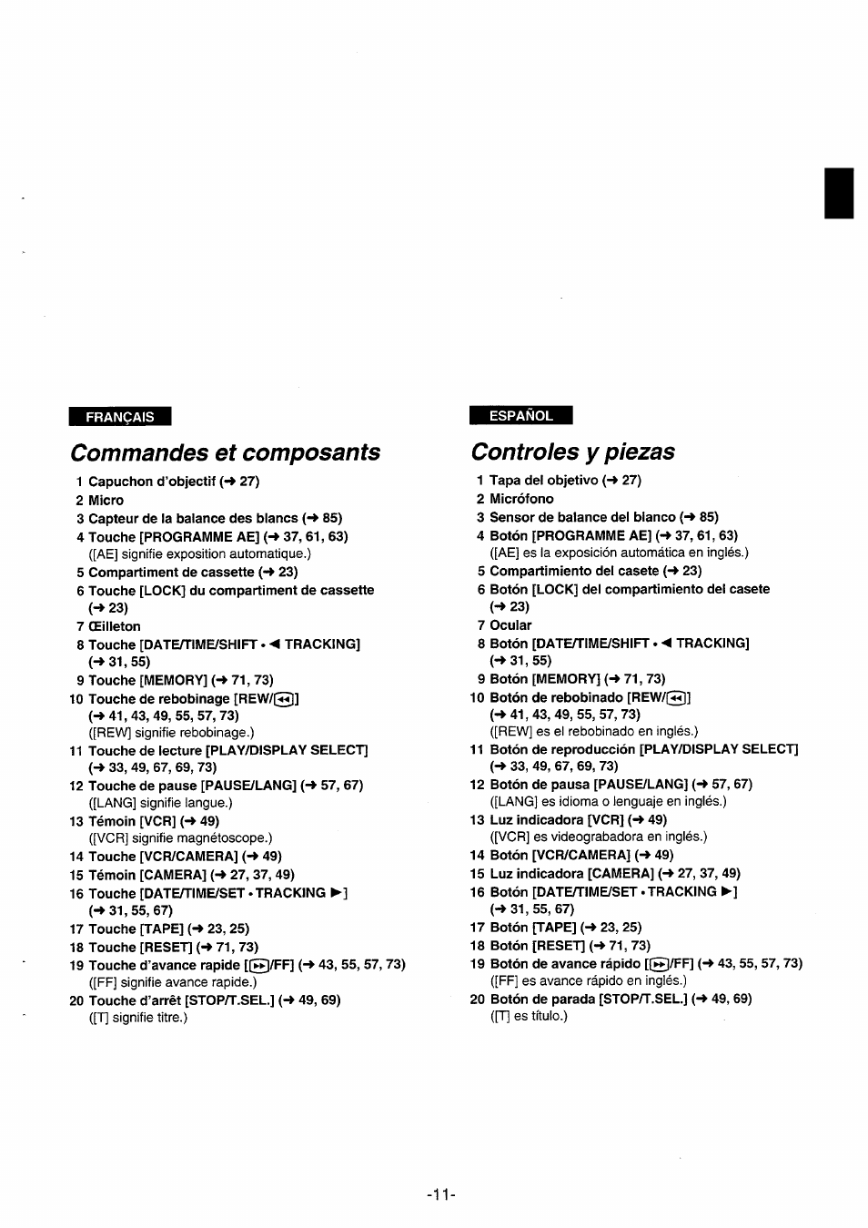 Commandes et composants, Controles y piezas | Panasonic NVRX10EG User Manual | Page 11 / 106