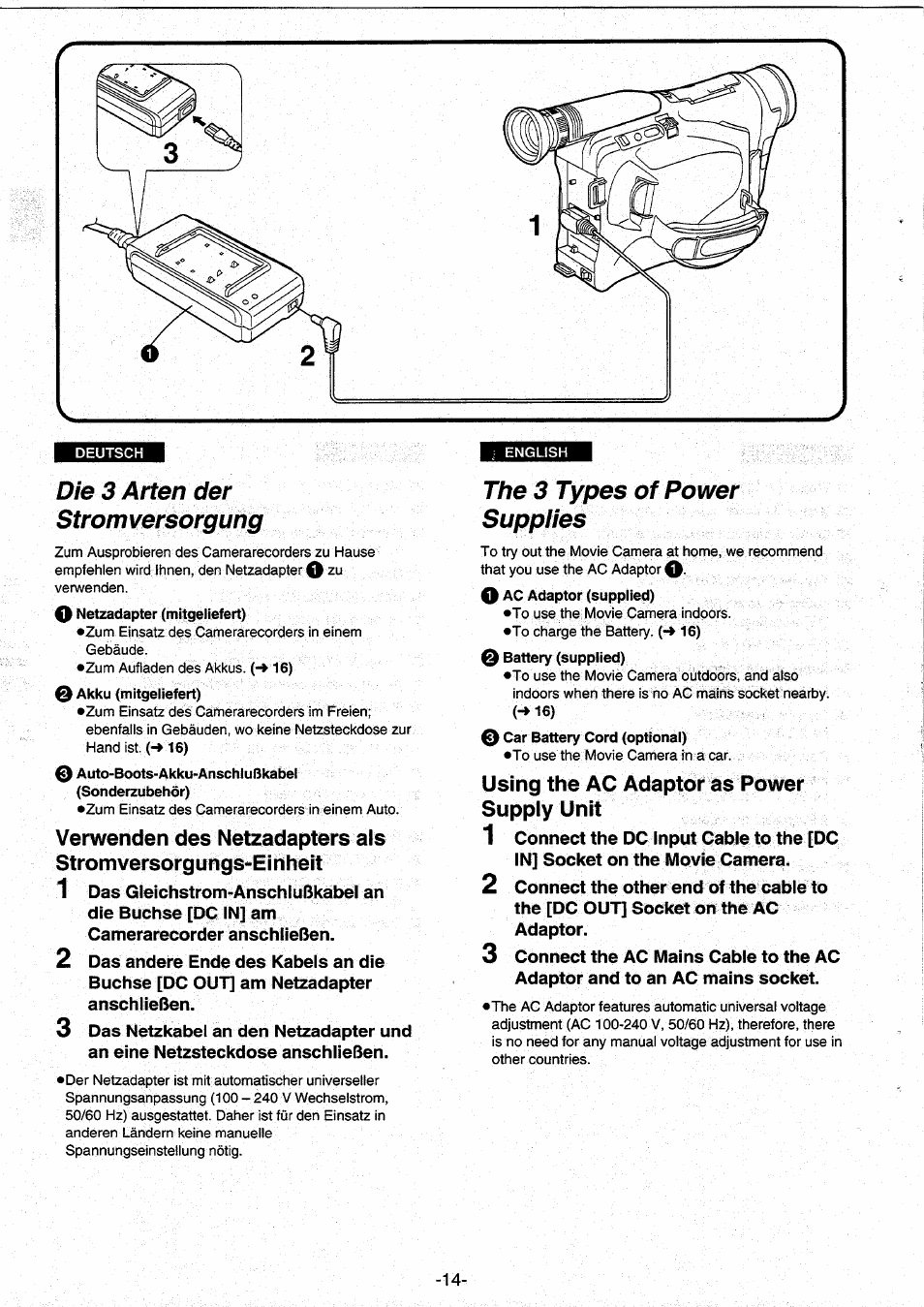 Die 3 arten der stromversorgung, The 3 types of power supplies, Using the ac adaptor as power supply unit | Panasonic NVRX10EG User Manual | Page 14 / 106