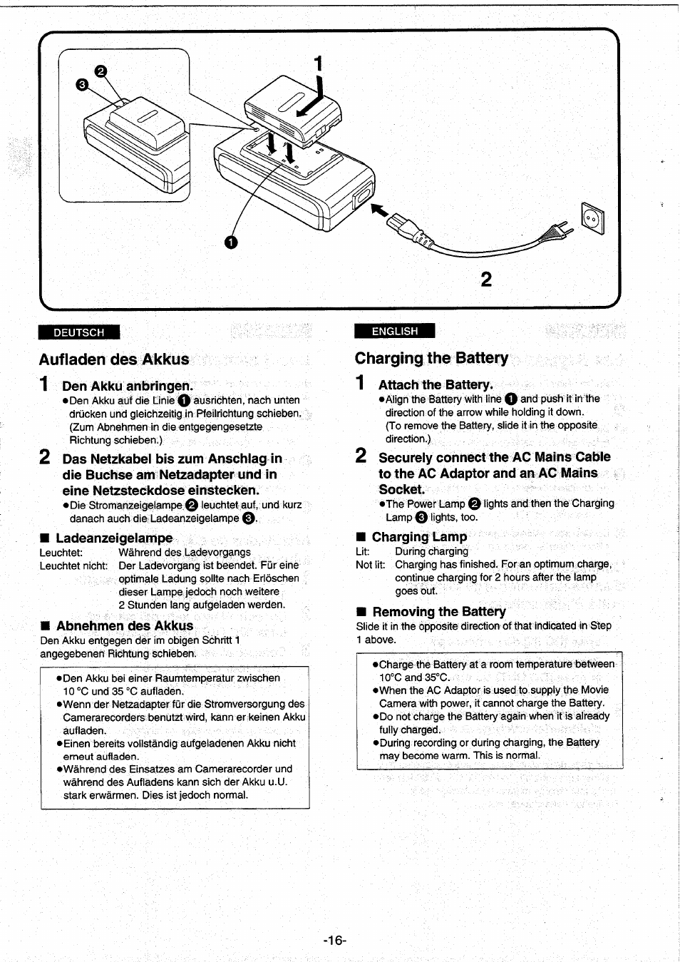 Aufladen des akkus, Charging the battery, Den akku anbringen | Ladeanzeigelampe, Abnehmen des akkus, Attach the battery, Charging lamp, Removing the battery | Panasonic NVRX10EG User Manual | Page 16 / 106
