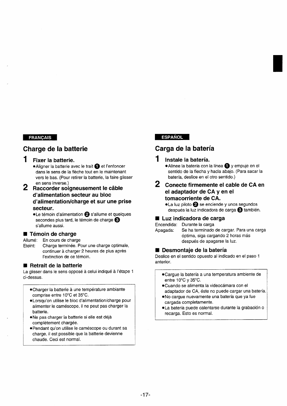 Charge de la batterie, Carga de la batería, Fixer la batterie | Témoin de charge, Retrait de la batterie, 1 instale la batería, Luz indicadora de carga, Desmontaje de la batería | Panasonic NVRX10EG User Manual | Page 17 / 106