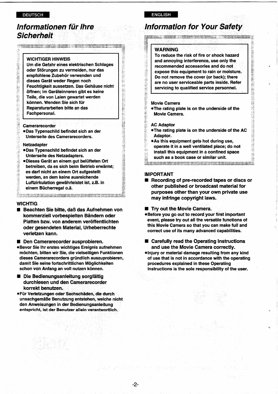 Informationen für ihre sicherheit | Panasonic NVRX10EG User Manual | Page 2 / 106
