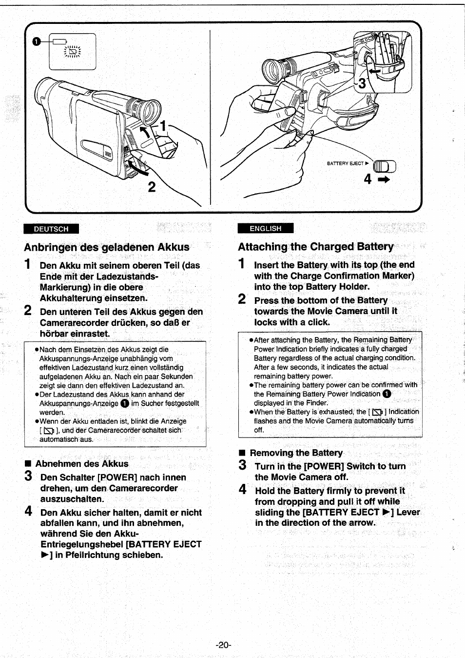 Anbringen des geladenen akkus, Attaching the charged battery | Panasonic NVRX10EG User Manual | Page 20 / 106