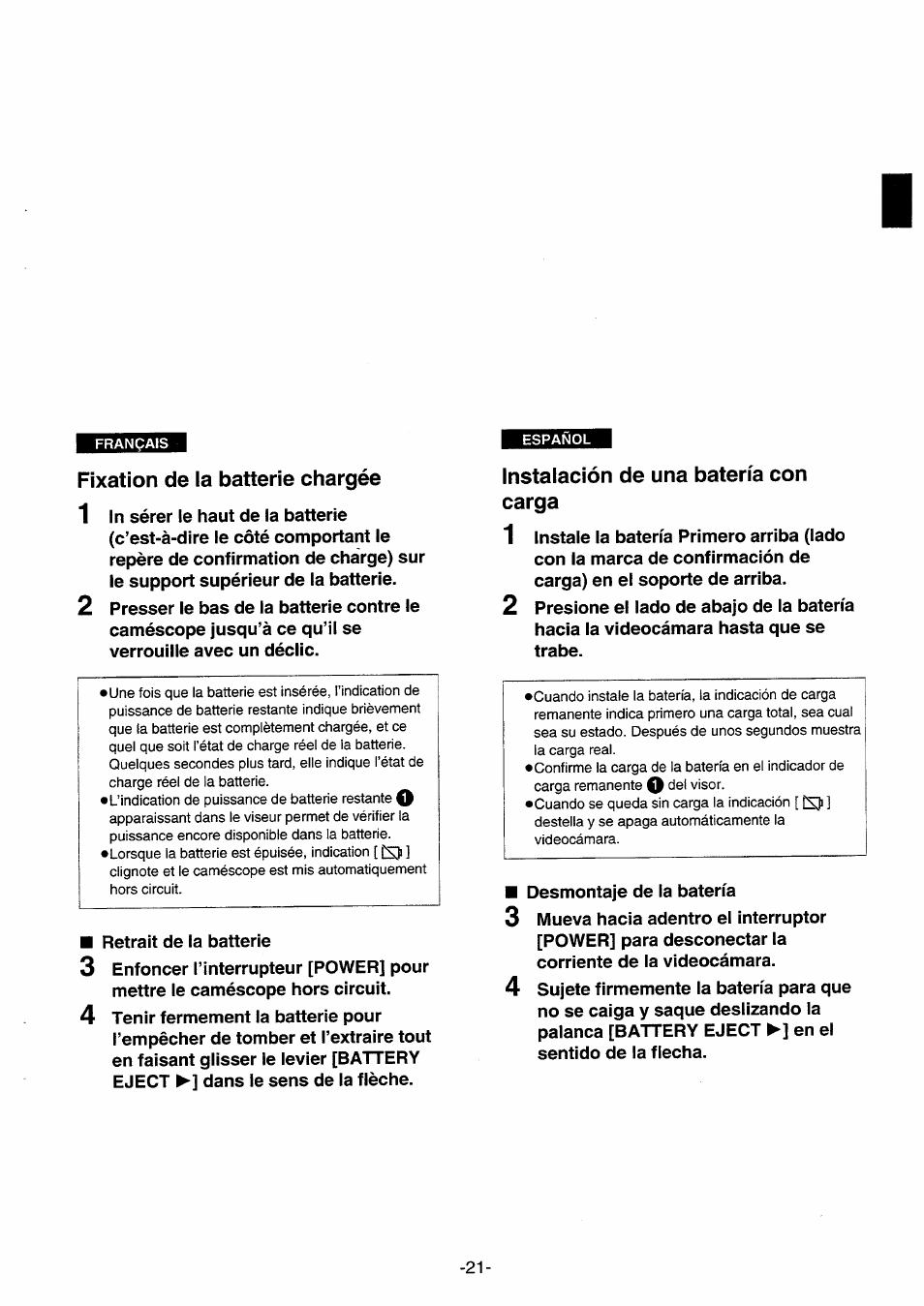 Français, Fixation de la batterie chargée, Instalación de una batería con carga | Panasonic NVRX10EG User Manual | Page 21 / 106