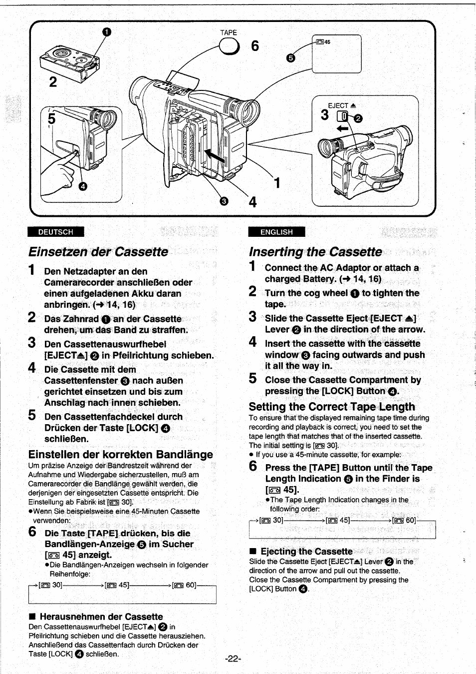 Einstellen der korrekten bandlänge, Inserting the cassette, Einsetzen der cassette 1 2 | Panasonic NVRX10EG User Manual | Page 22 / 106