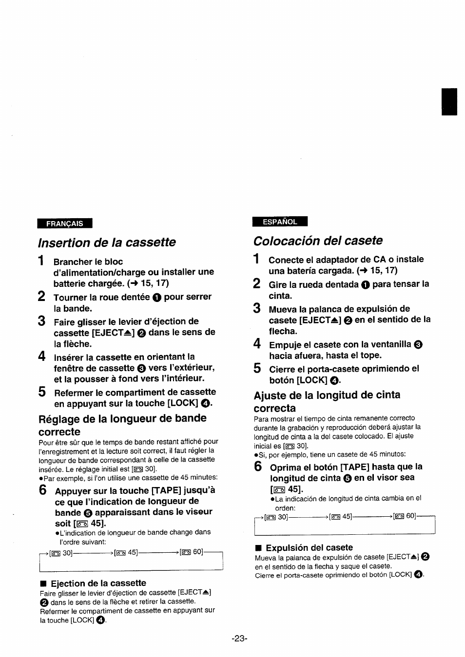 Insertion de la cassette, Réglage de la longueur de bande correcte, Colocación del casete | Ajuste de la longitud de cinta correcta, Colocación del casete 1 2 | Panasonic NVRX10EG User Manual | Page 23 / 106