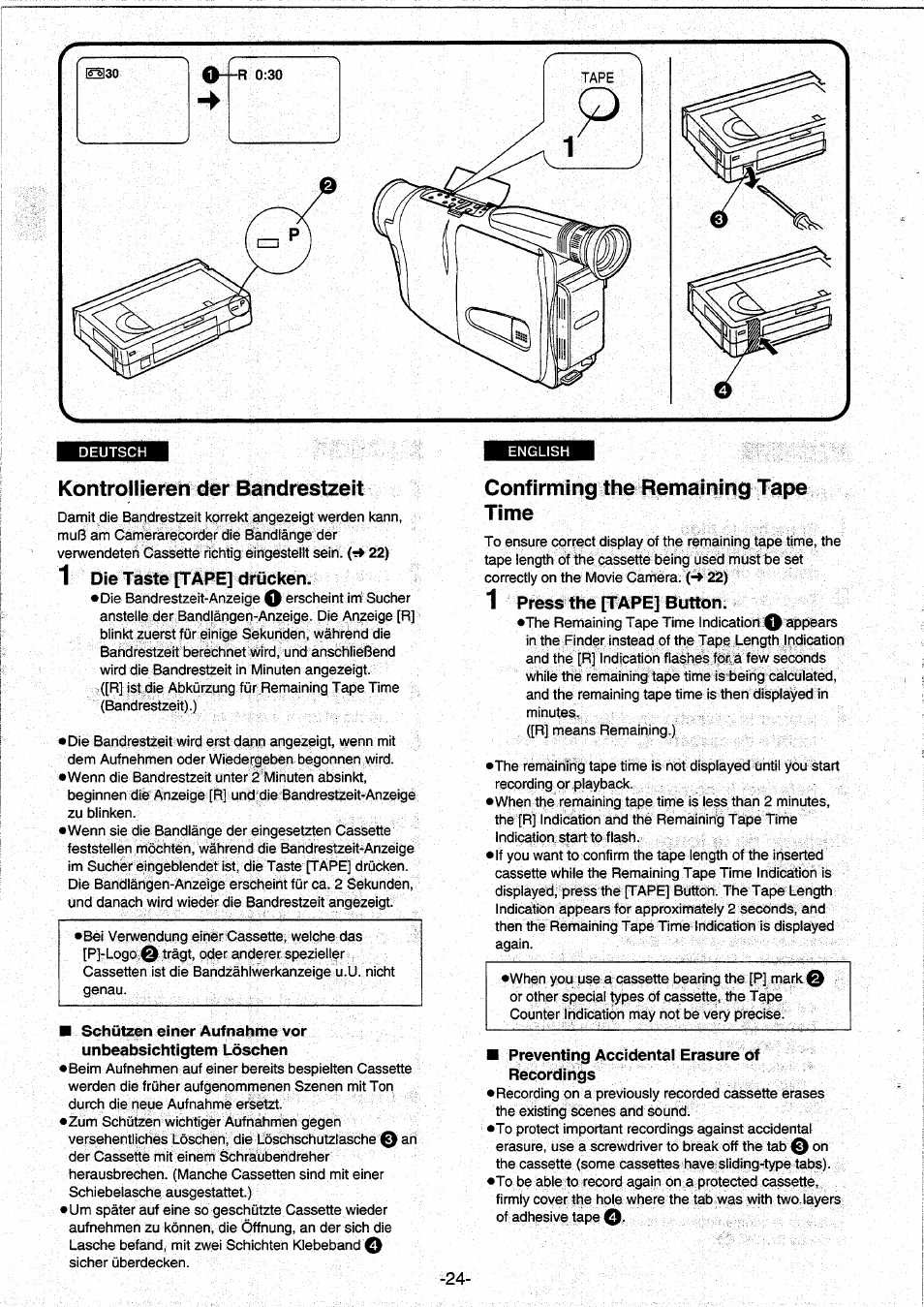 Kontrollieren der bandrestzeit, Confirming the remaining tape time, 1 die taste [tape] drücken | Press the [tape] button | Panasonic NVRX10EG User Manual | Page 24 / 106