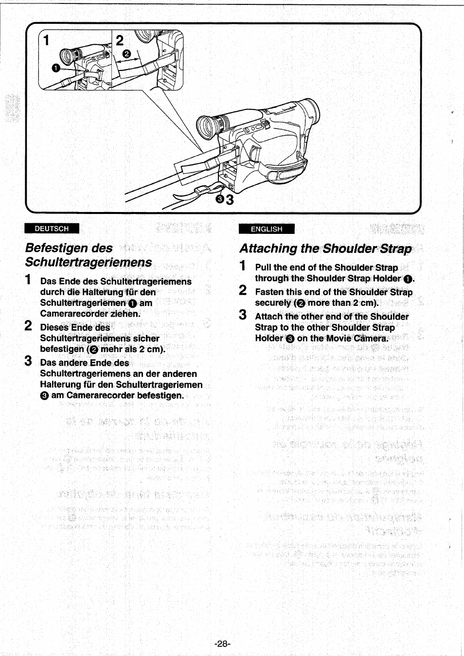 Befestigen des schultertrageriemens, Attaching the shouider strap, Attaching the shoulder strap | Panasonic NVRX10EG User Manual | Page 28 / 106