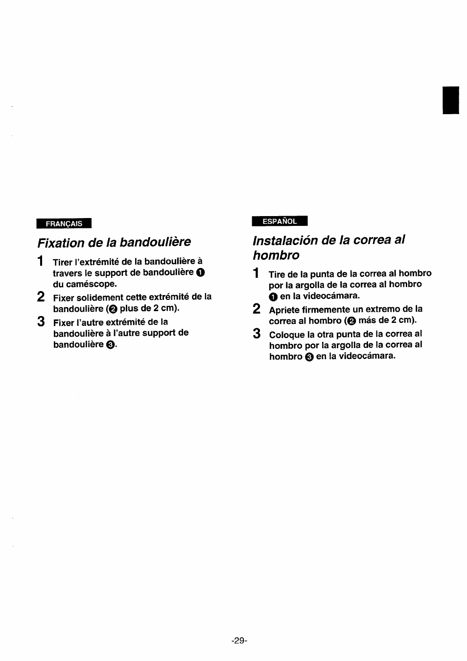 Fixation de ia bandoulière, Instalación de la correa al hombro, Fixation de la bandoulière | Panasonic NVRX10EG User Manual | Page 29 / 106
