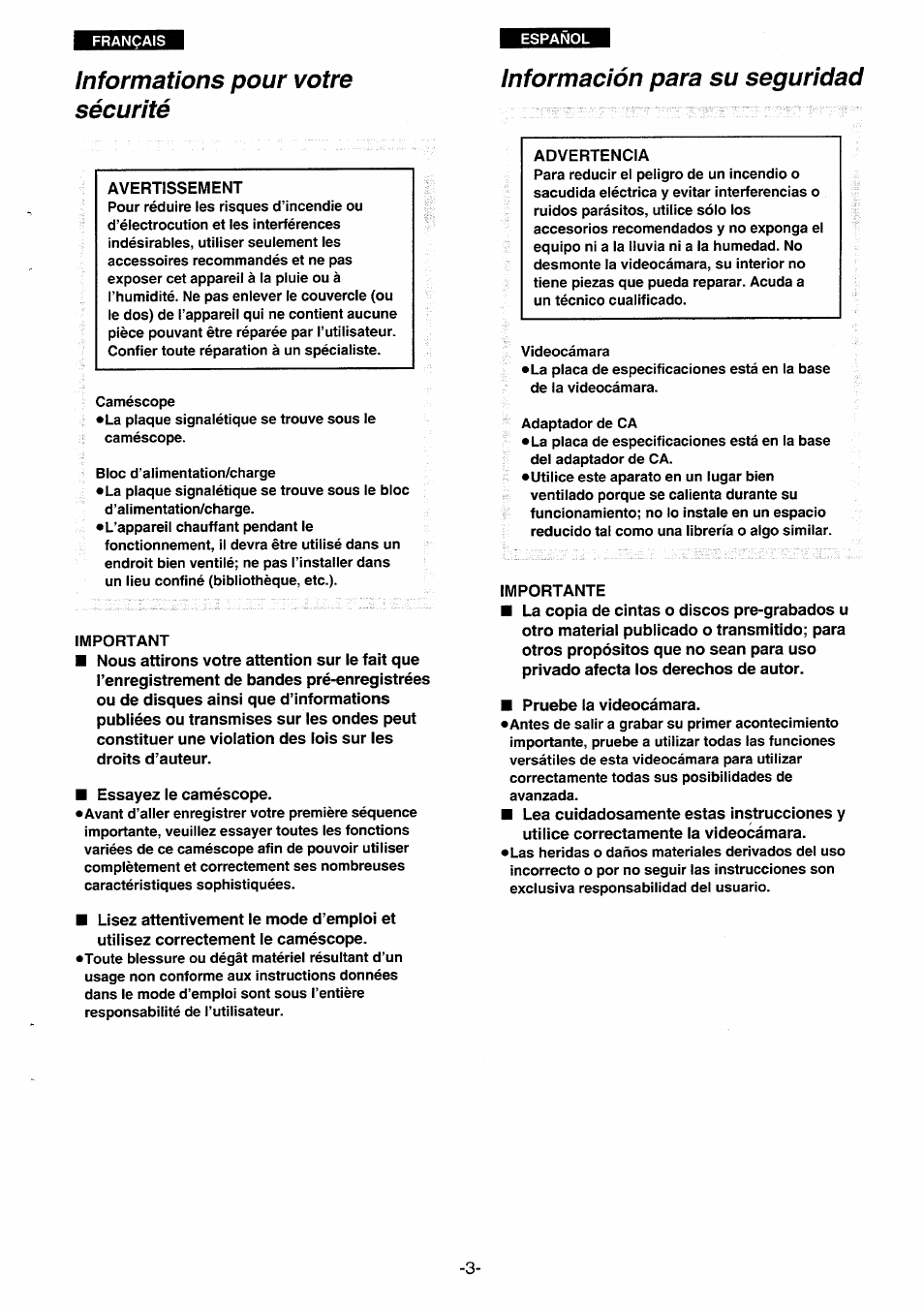 Informations pour votre sécurité | Panasonic NVRX10EG User Manual | Page 3 / 106