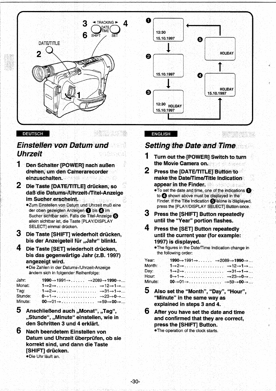 Einstellen von datum und uhrzeit, Setting the date and time | Panasonic NVRX10EG User Manual | Page 30 / 106