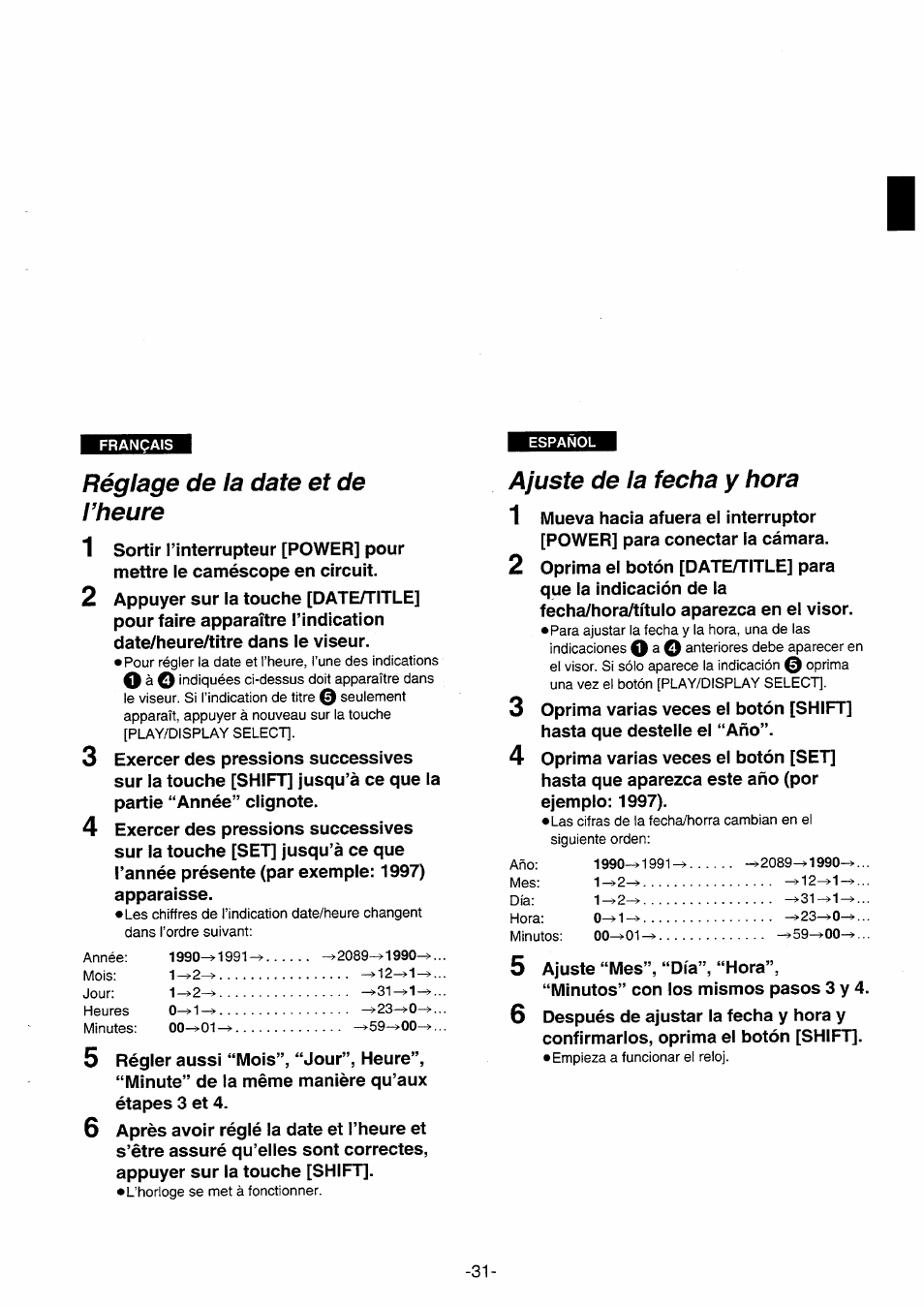 Réglage de la date et de l’heure, Ajuste de la fecha y hora | Panasonic NVRX10EG User Manual | Page 31 / 106