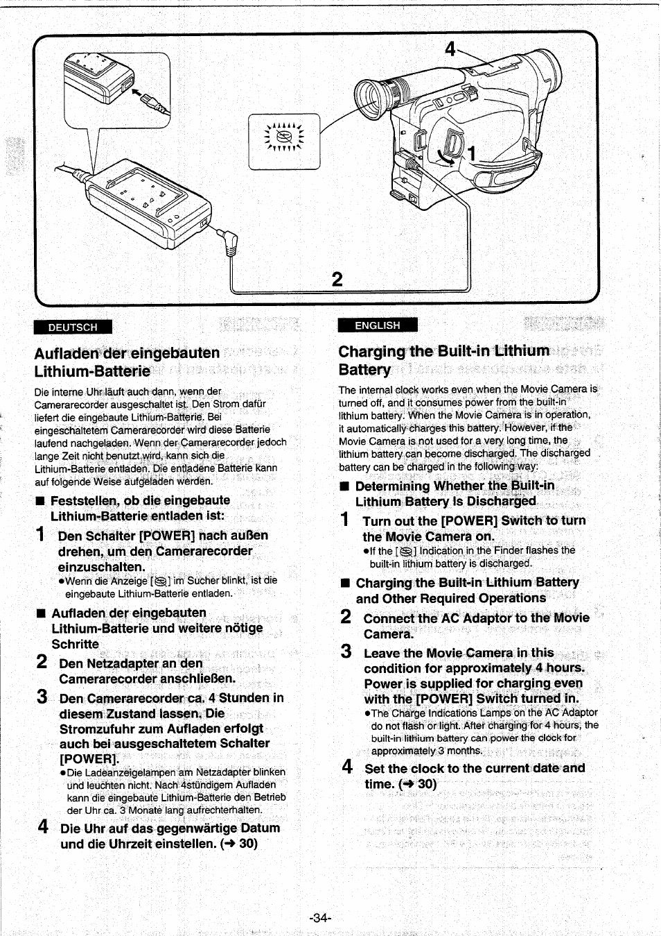 Auf laden der eingebauten lithium-batterie, Charging the built-in lithium battery, Aufladen der eingebauten lithium-batterie | Panasonic NVRX10EG User Manual | Page 34 / 106