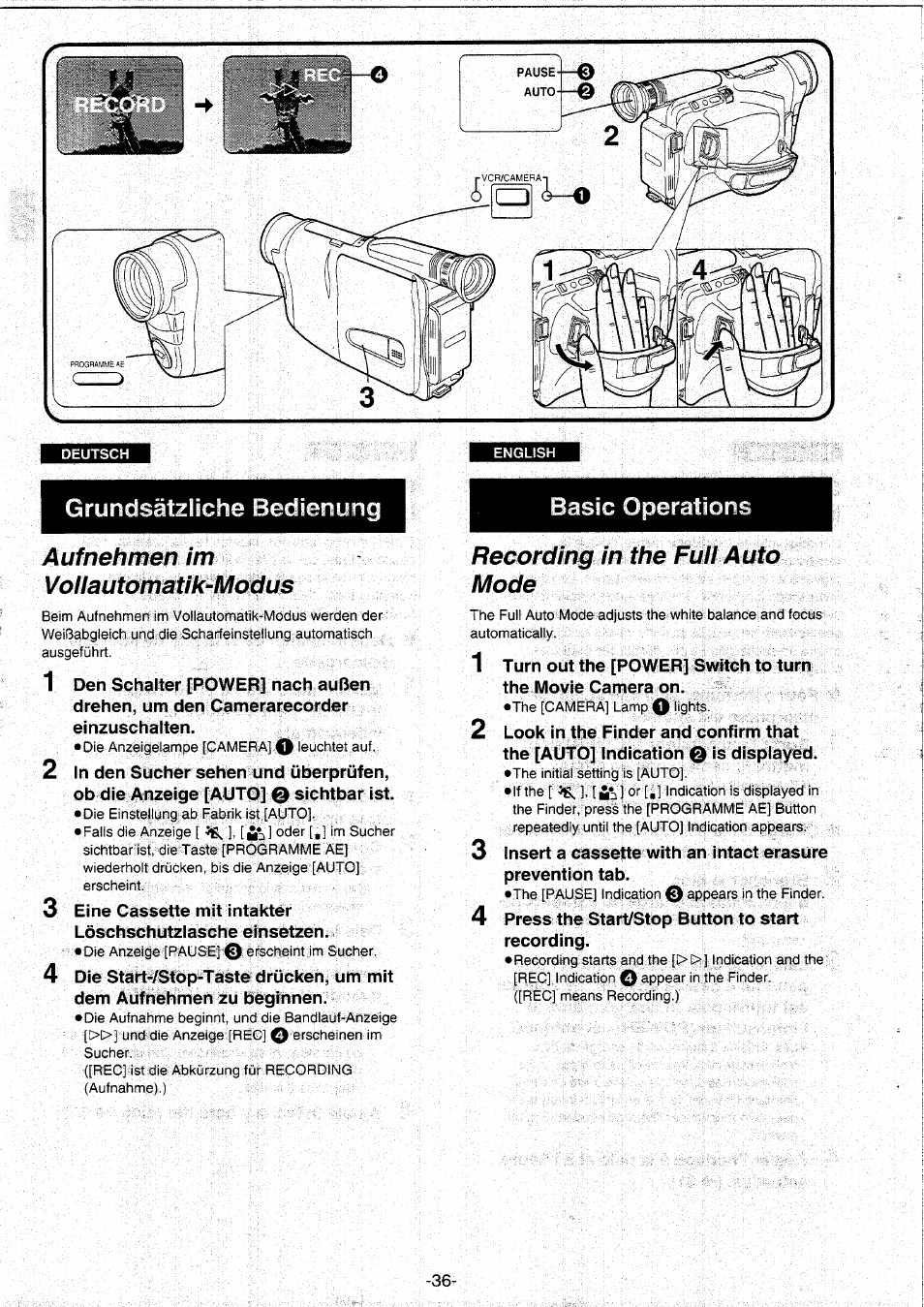 Aufnehmen im vollautomatik-modus, Recording in the full auto mode, Grundsätzliche bedienung | Basic operations | Panasonic NVRX10EG User Manual | Page 36 / 106