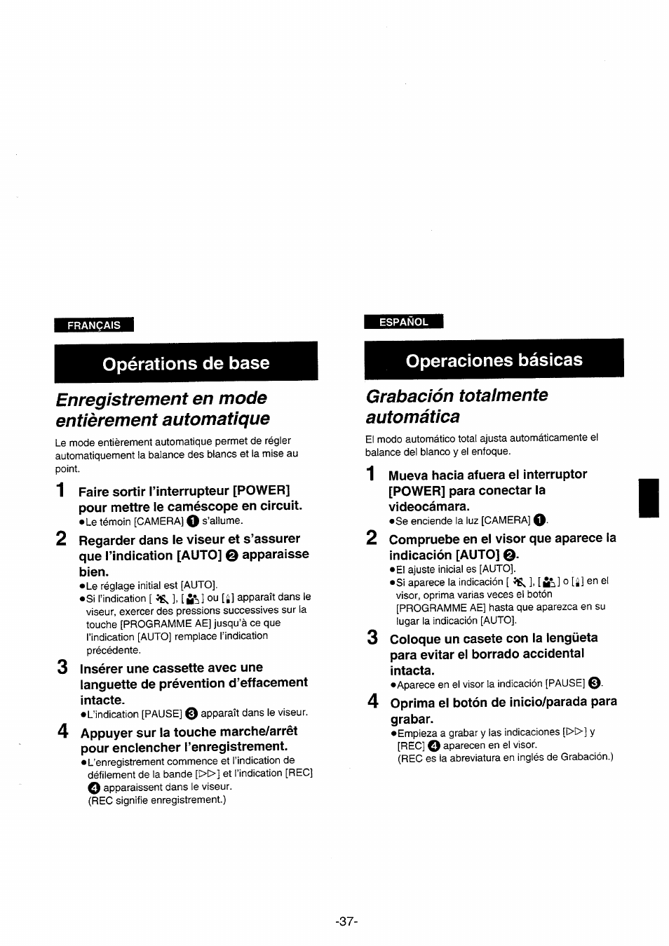 Enregistrement en mode entièrement automatique, Grabación totalmente automática, Opérations de base operaciones básicas | Panasonic NVRX10EG User Manual | Page 37 / 106