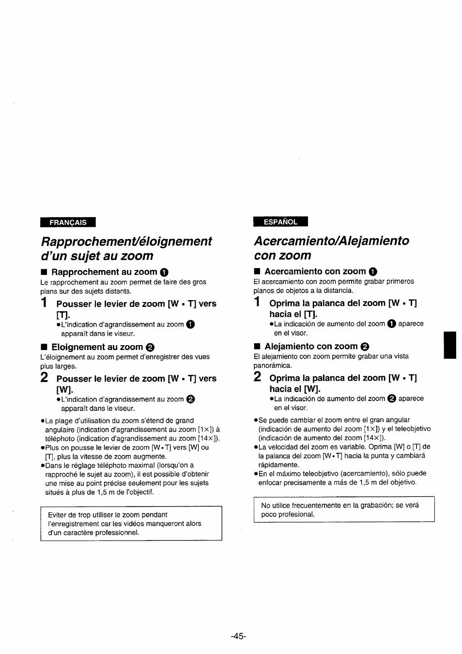 Rapprochement/éloignement d’un sujet au zoom, Acercamiento/alejamiento con zoom, Rapprochement/éloignement | D’un sujet au zoom | Panasonic NVRX10EG User Manual | Page 45 / 106