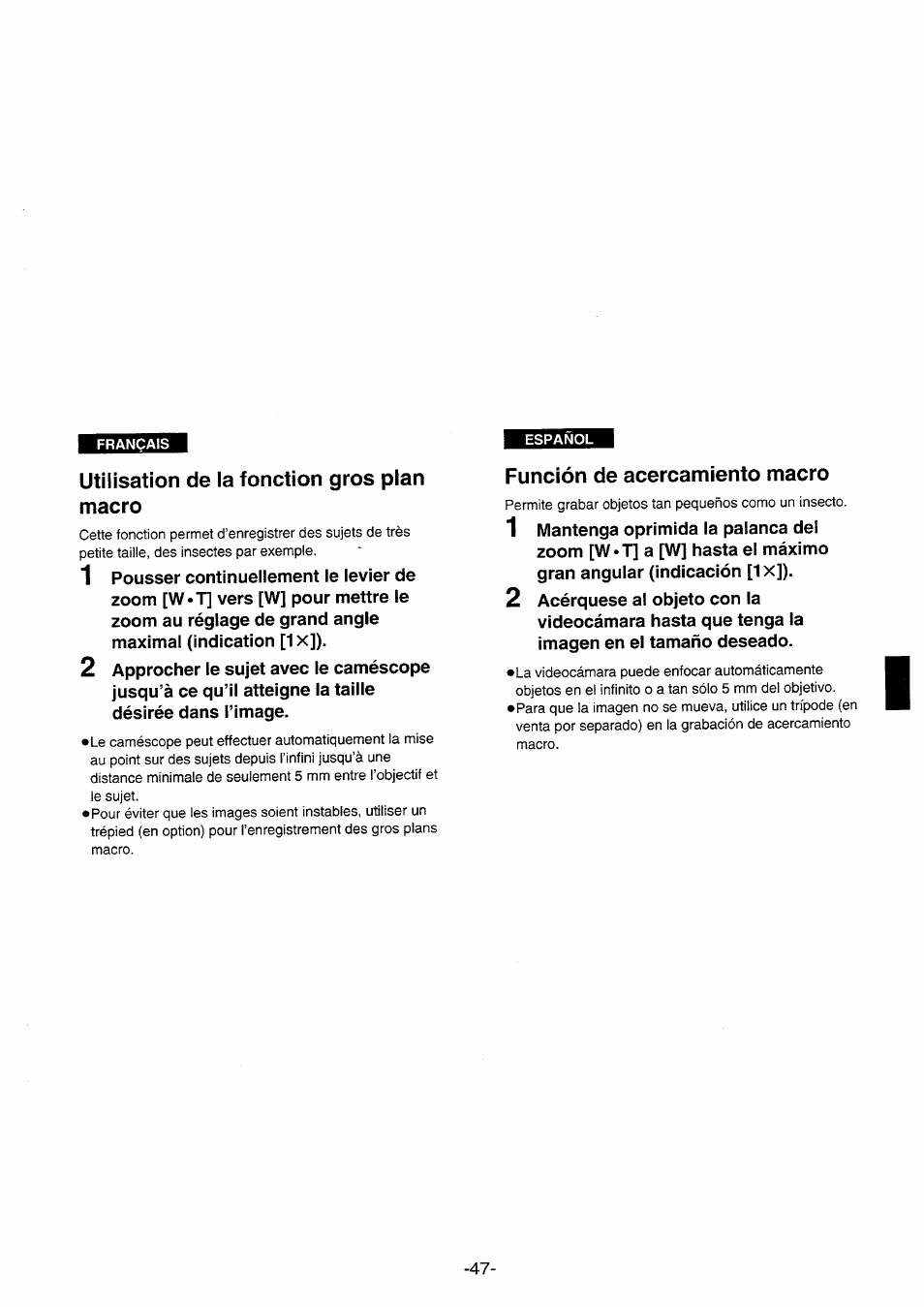 Utilisation de la fonction gros plan macro, Función de acercamiento macro | Panasonic NVRX10EG User Manual | Page 47 / 106