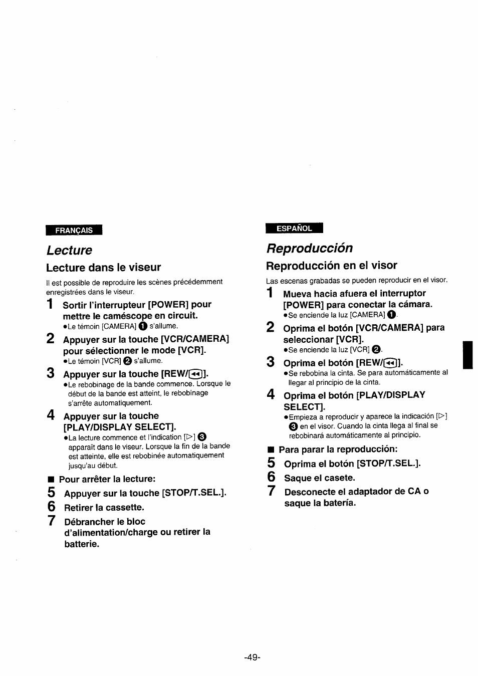 Lecture, Lecture dans le viseur, Reproducción | Reproducción en el visor | Panasonic NVRX10EG User Manual | Page 49 / 106