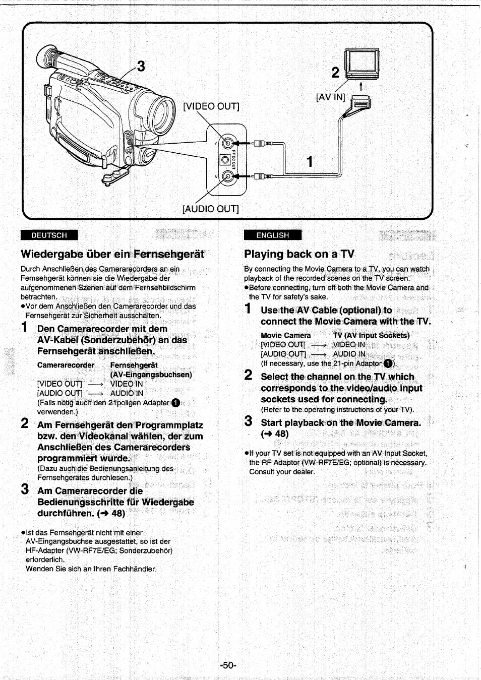 Playing back on a tv, Wiedergabe über ein fernsehgerät, Start playback on the movie camera. (-> 48) | Panasonic NVRX10EG User Manual | Page 50 / 106