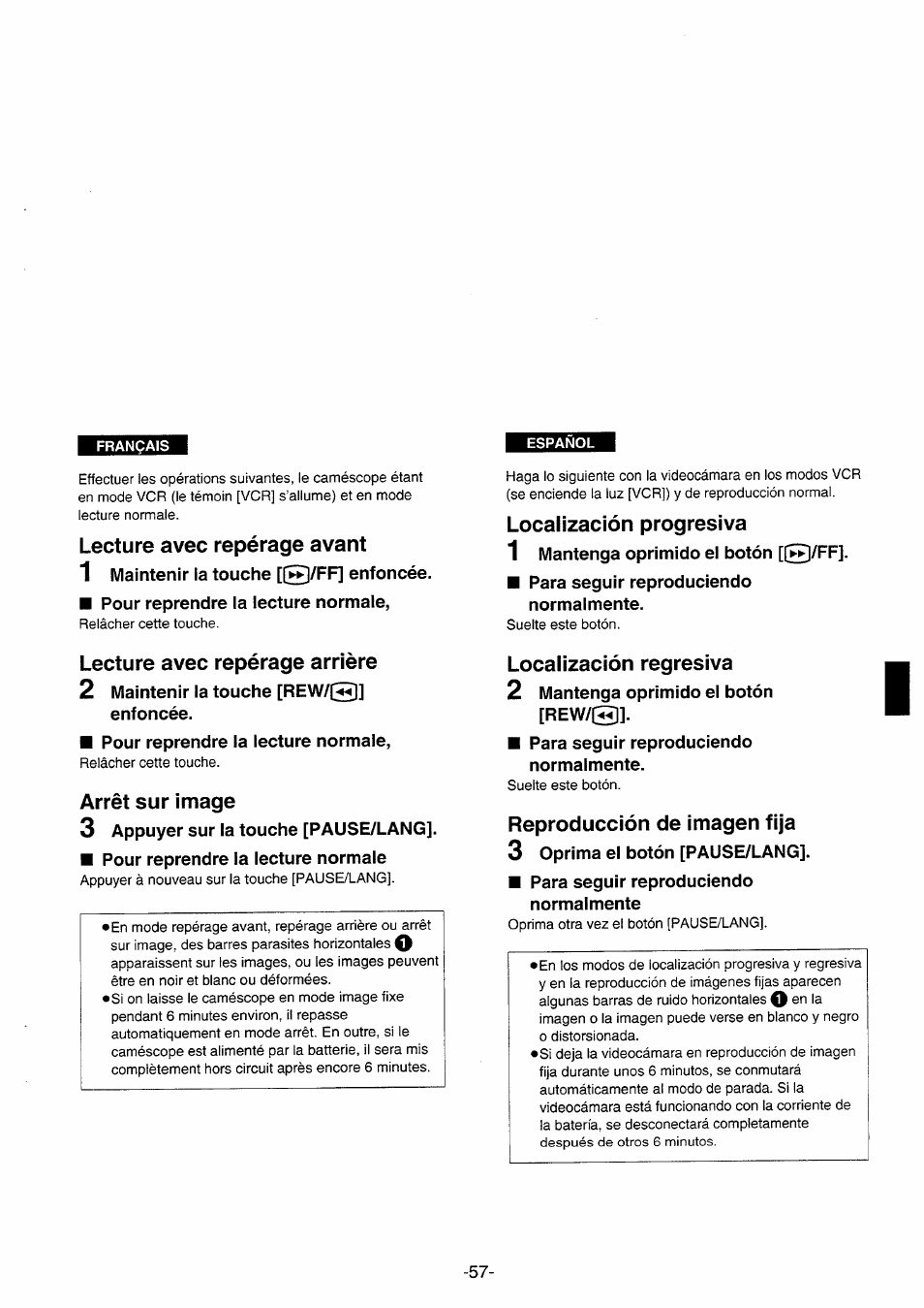 Lecture avec repérage avant, Lecture avec repérage arrière, Arrêt sur image | Localización progresiva, Localización regresiva, Reproducción de imagen fija, Lecture avec repérage arrière •arrêt sur image | Panasonic NVRX10EG User Manual | Page 57 / 106