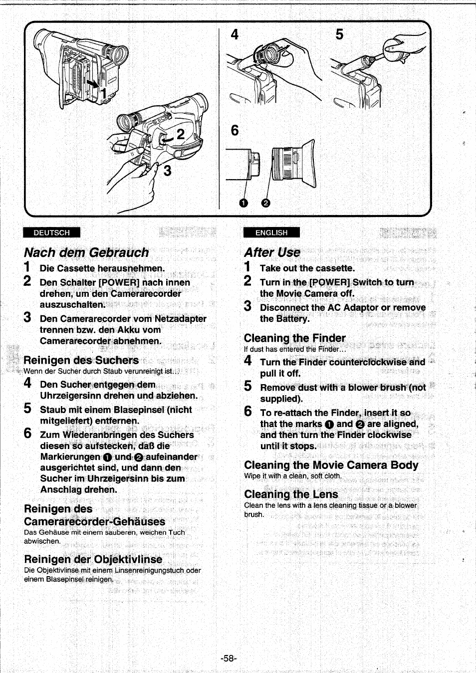 Nach dem gebrauch, Reinigen des suchers, Reinigen des | Camerarecorder-gehäuses, Reinigen der objektiviinse, After use, Cleaning the finder, Cleaning the movie camera body, Cleaning the lens, Reinigen der objektivlinse | Panasonic NVRX10EG User Manual | Page 58 / 106