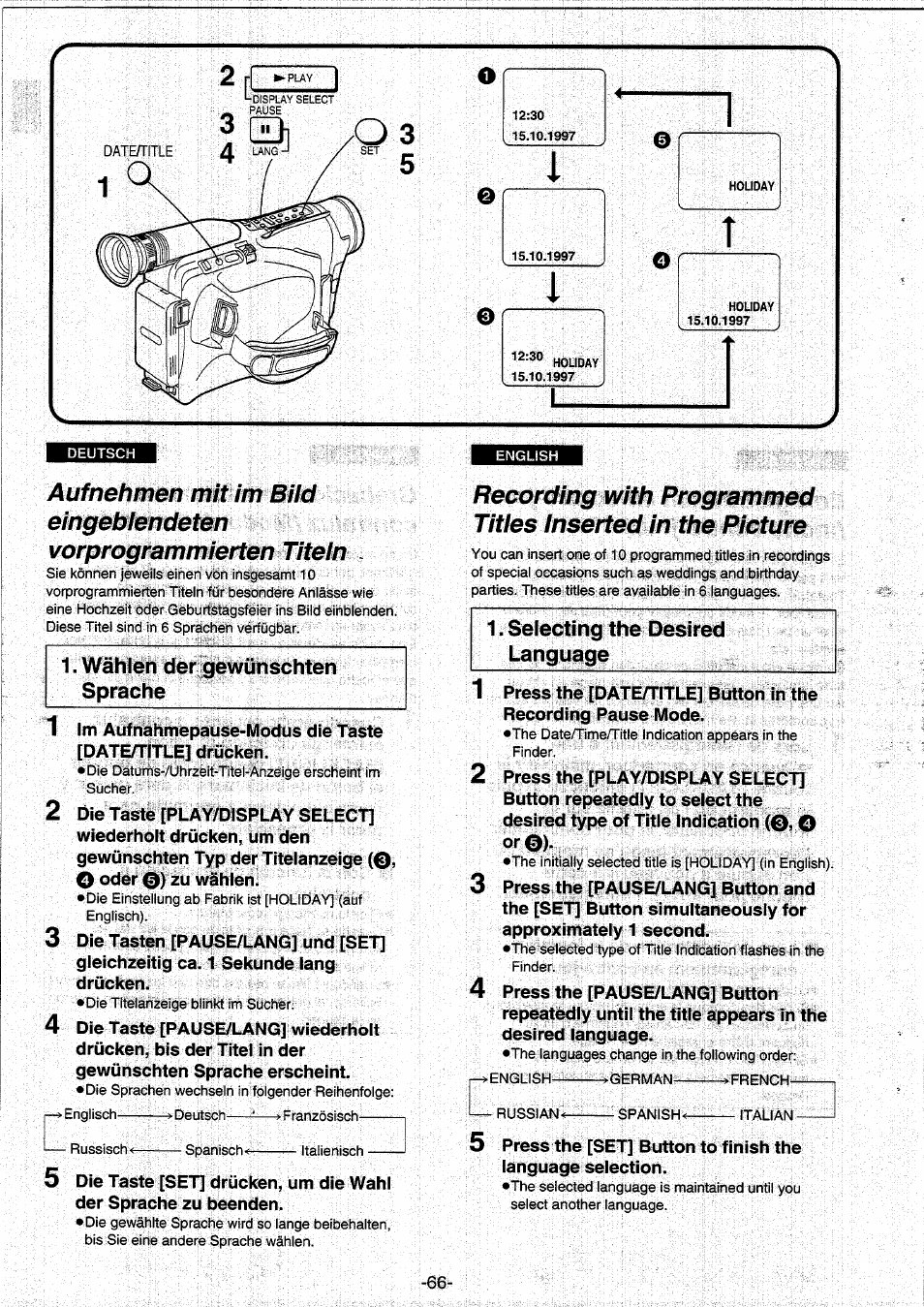 Selecting the desired language, 1 .selecting the desired language, Wählen der gewünschten sprache | Panasonic NVRX10EG User Manual | Page 66 / 106