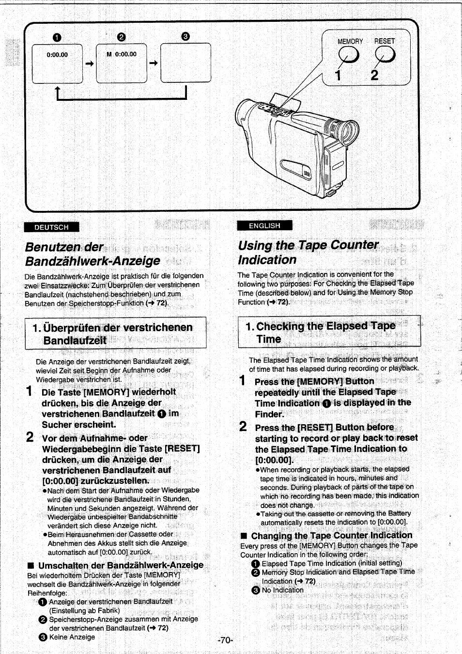 Benutzen der bandzählwerk-anzeige, Using the tape counter indication | Panasonic NVRX10EG User Manual | Page 70 / 106