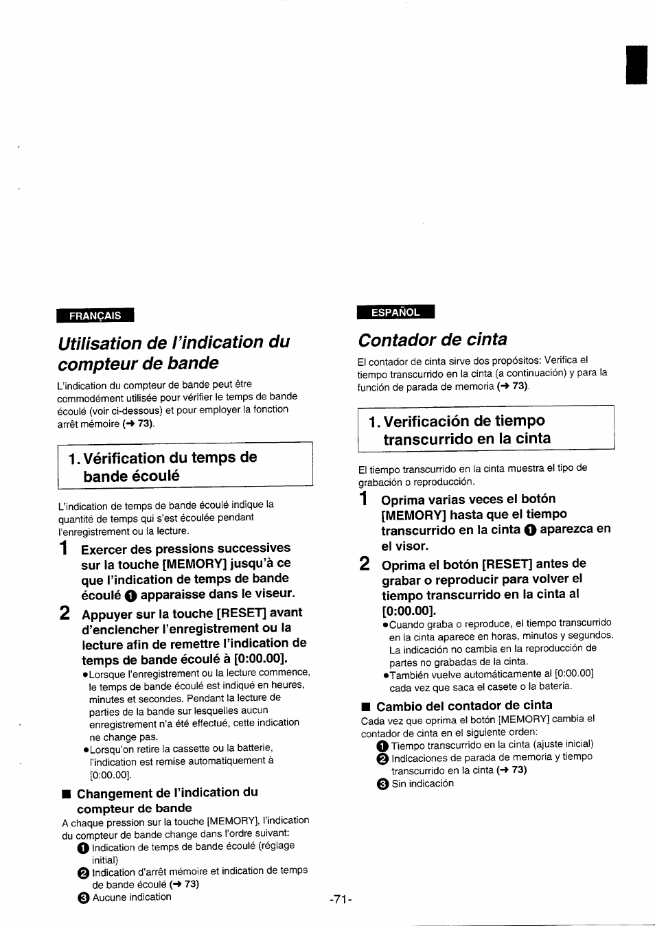 Utilisation de l’indication du compteur de bande, Vérification du temps de bande écoulé, Contador de cinta | Verificación de tiempo transcurrido en la cinta, Initial), Compteur de bande | Panasonic NVRX10EG User Manual | Page 71 / 106