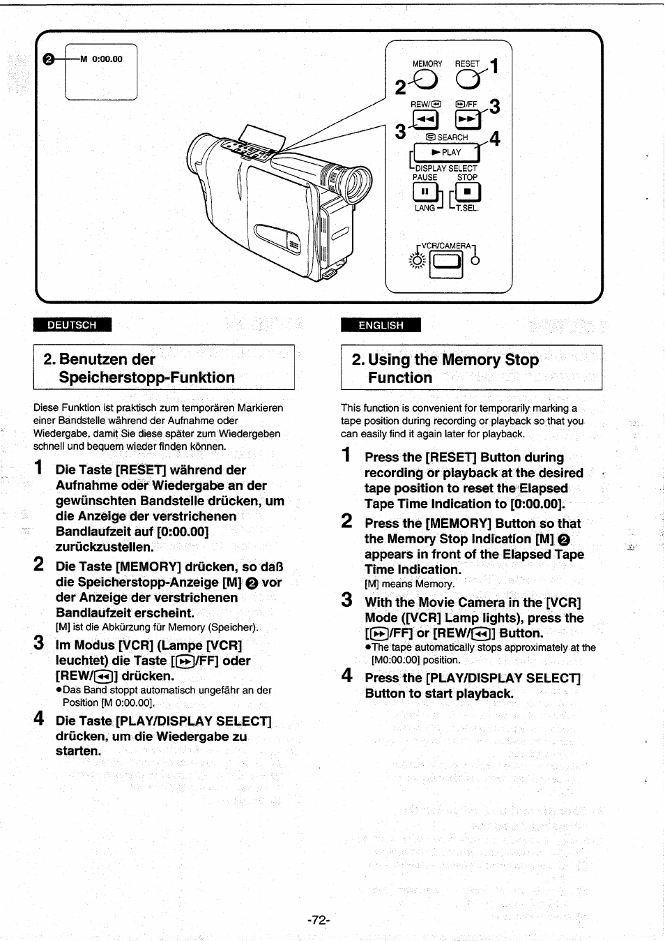 Using the memory stop function, Benutzen der speicherstopp-funktion | Panasonic NVRX10EG User Manual | Page 72 / 106