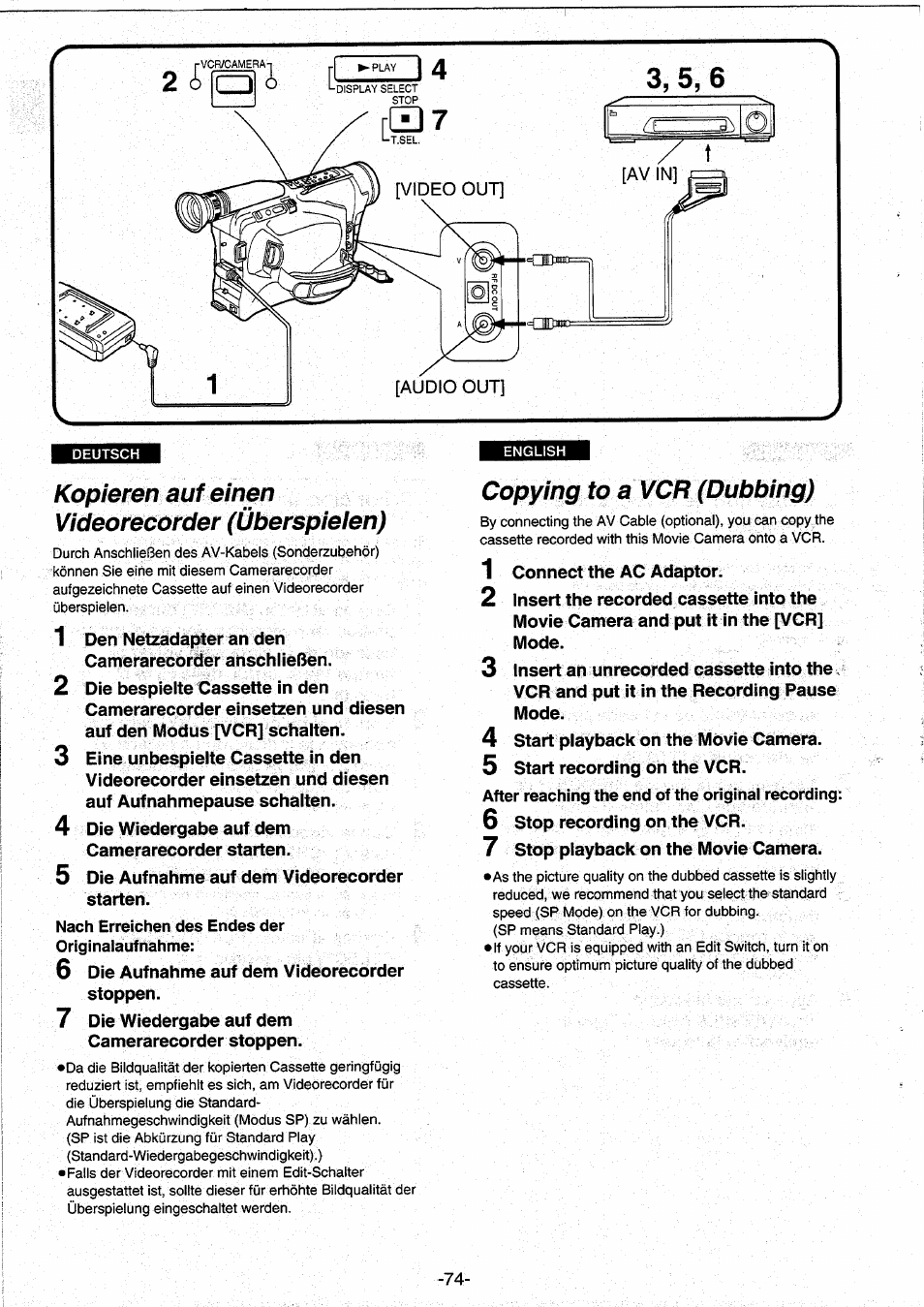 Kopieren auf einen videorecorder (überspielen), Copying to a vcr (dubbing), Kopieren auf einen videorecorder | Überspielen) | Panasonic NVRX10EG User Manual | Page 74 / 106
