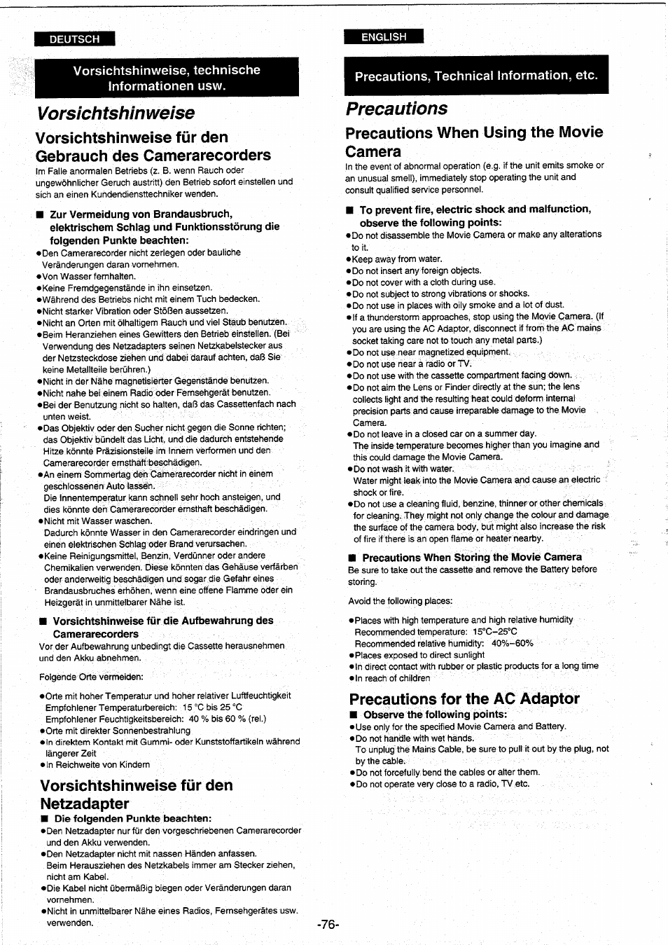 Vorsichtshinweise, Vorsichtshinweise für den netzadapter, Precautions | Precautions when using the movie camera, Precautions for the ac adaptor | Panasonic NVRX10EG User Manual | Page 76 / 106