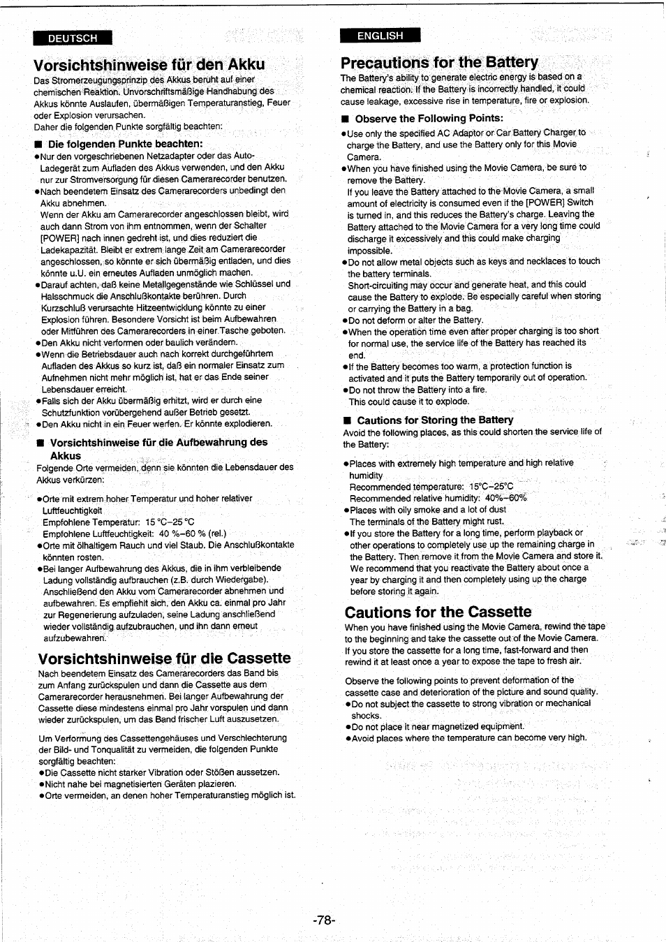 Vorsichtshinweise für den akku, Vorsichtshinweise für die cassette, Precautions for the battery | Cautions for the cassette | Panasonic NVRX10EG User Manual | Page 78 / 106