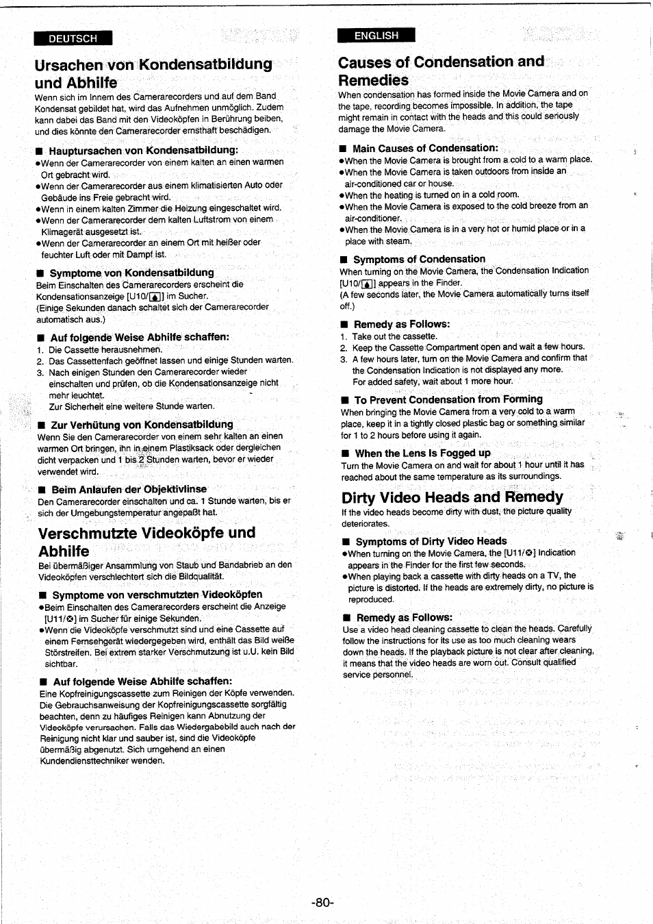 Ursachen von kondensatbildung und abhilfe, Verschmutzte videoköpfe und abhilfe, Causes of condensation and remedies | Dirty video heads and remedy | Panasonic NVRX10EG User Manual | Page 80 / 106