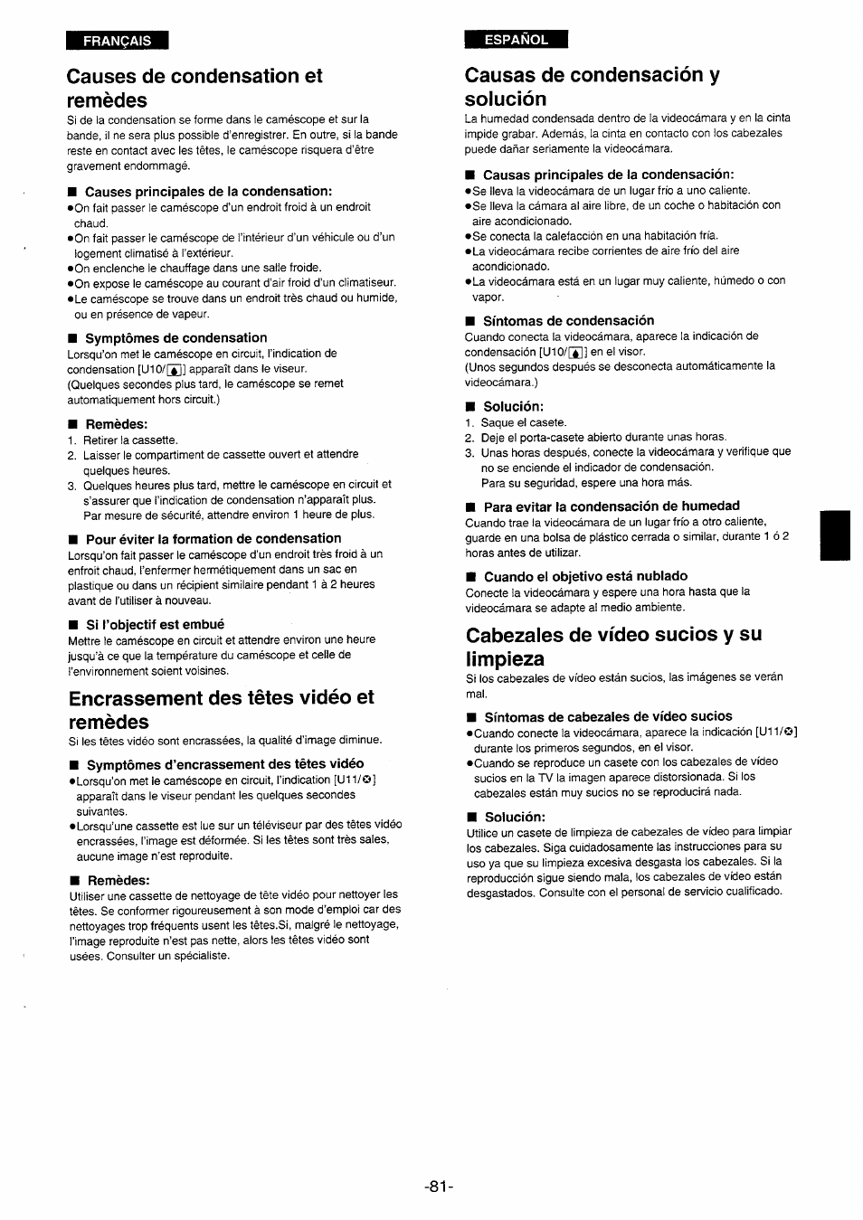 Causes de condensation et remèdes, Encrassement des têtes vidéo et remèdes, Causas de condensación y solución | Cabezales de vídeo sucios y su limpieza | Panasonic NVRX10EG User Manual | Page 81 / 106