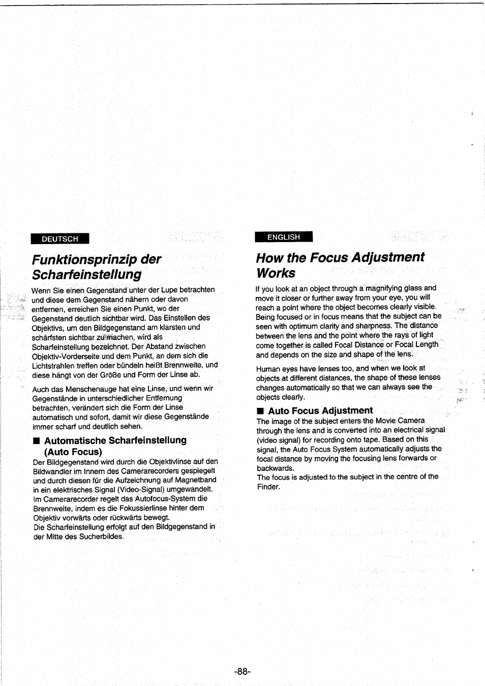 Funktionsprinzip der scharfeinsteiiung, How the focus adjustment works, Funktionsprinzip der scharfeinstellung | Automatische scharfeinstellung (auto focus), Auto focus adjustment | Panasonic NVRX10EG User Manual | Page 88 / 106