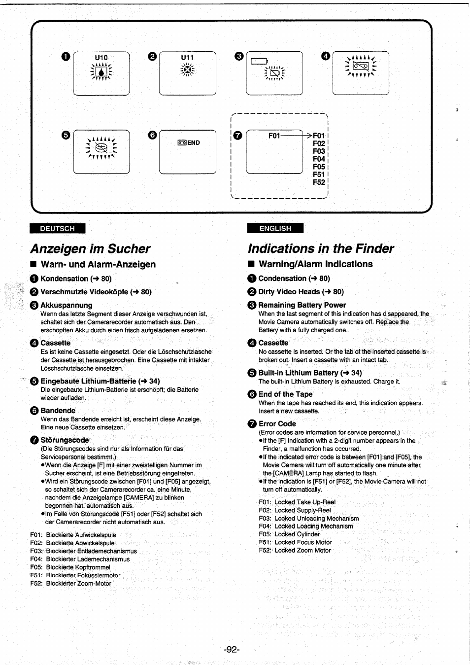 Anzeigen im sucher, Indications in the finder | Panasonic NVRX10EG User Manual | Page 92 / 106