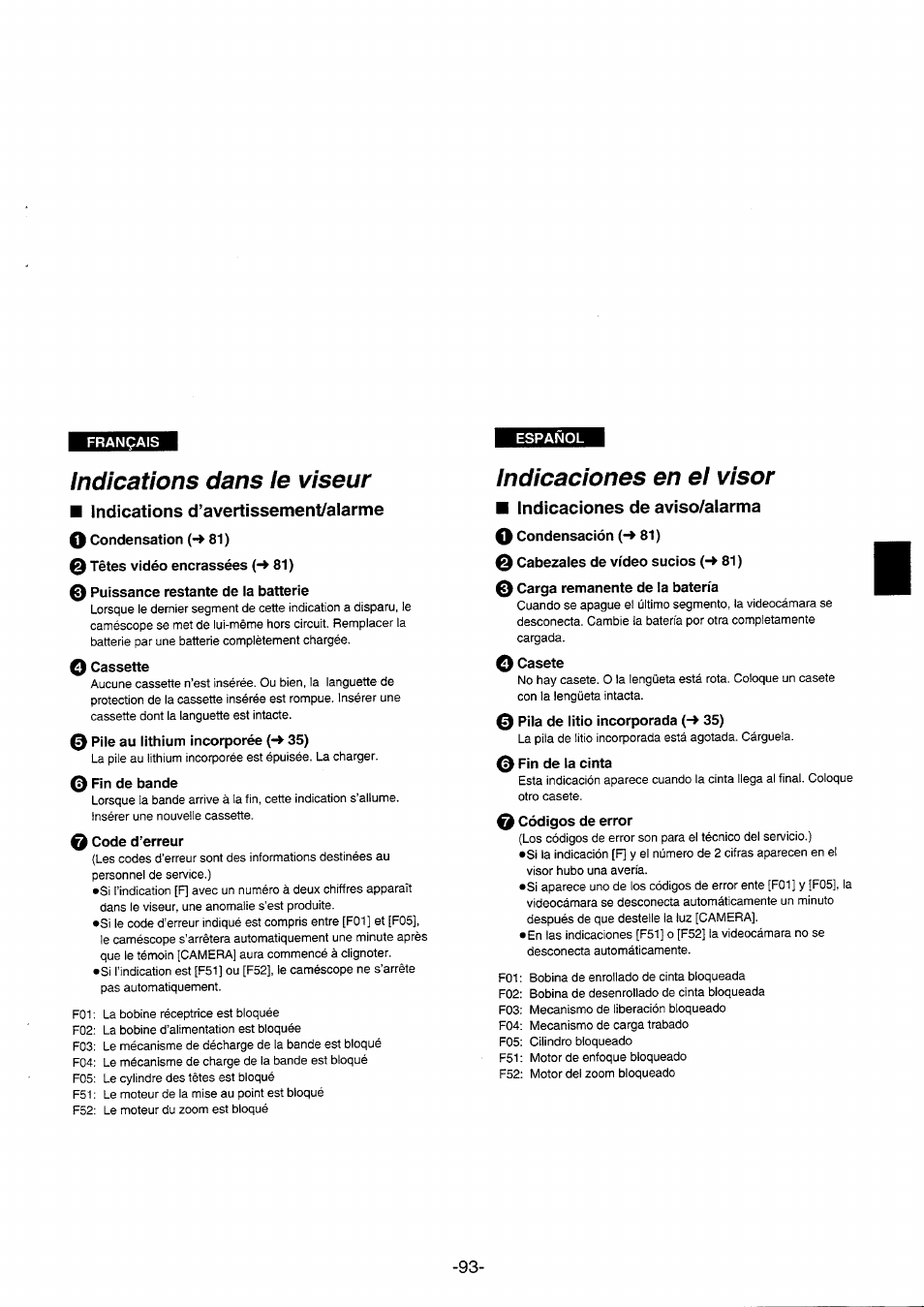 Indications dans ie viseur, Indicaciones en el visor, Indications dans le viseur | Panasonic NVRX10EG User Manual | Page 93 / 106