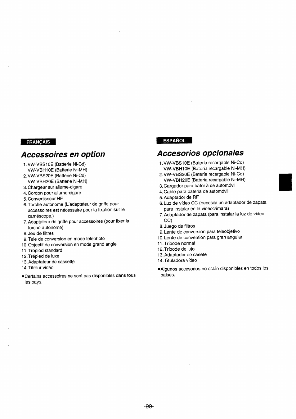 Accessoires en option, Accesorios opcionaies, Accesorios opcionales | Panasonic NVRX10EG User Manual | Page 99 / 106