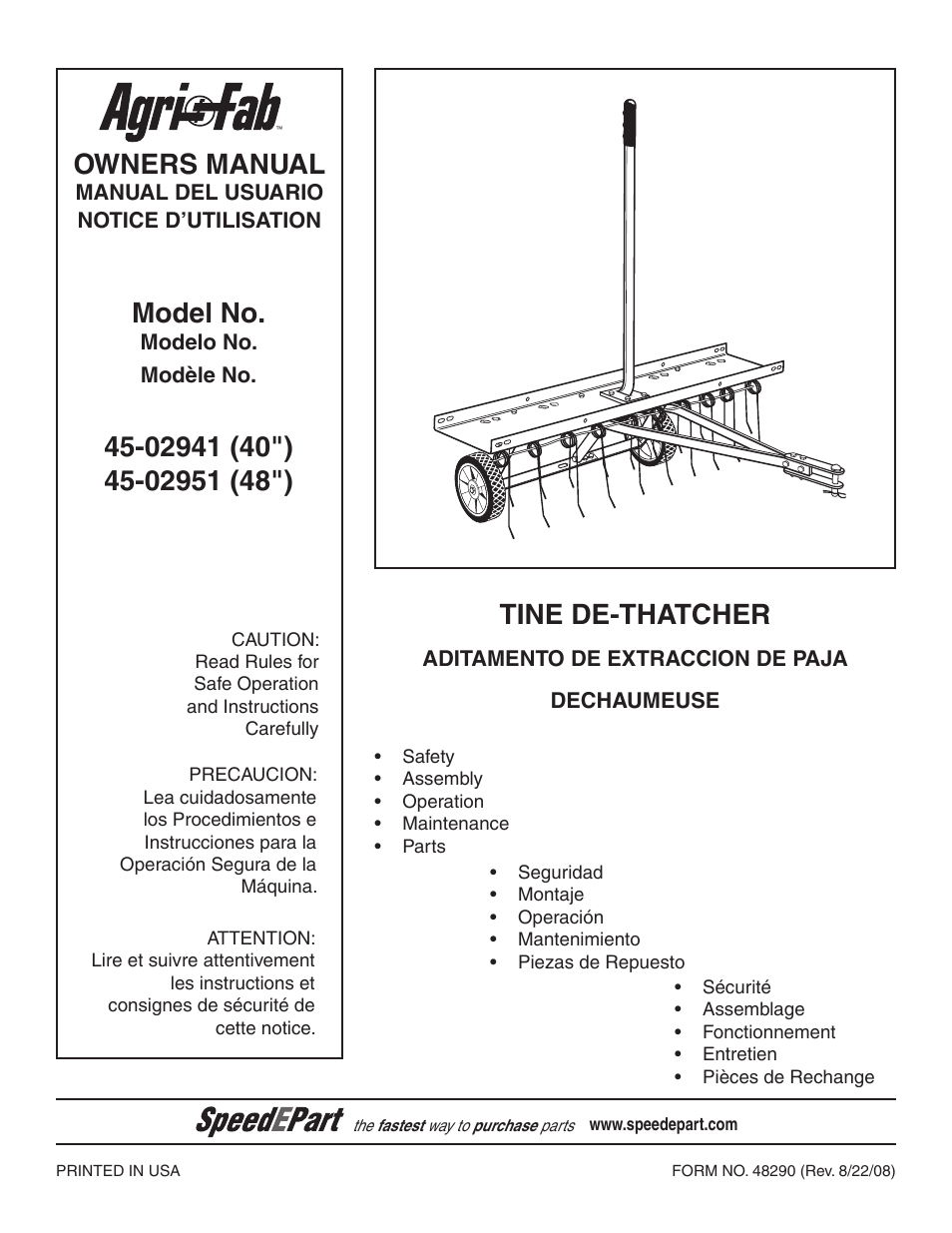 Agri-Fab Tine De-Thatcher 45-02951 User Manual | 12 pages
