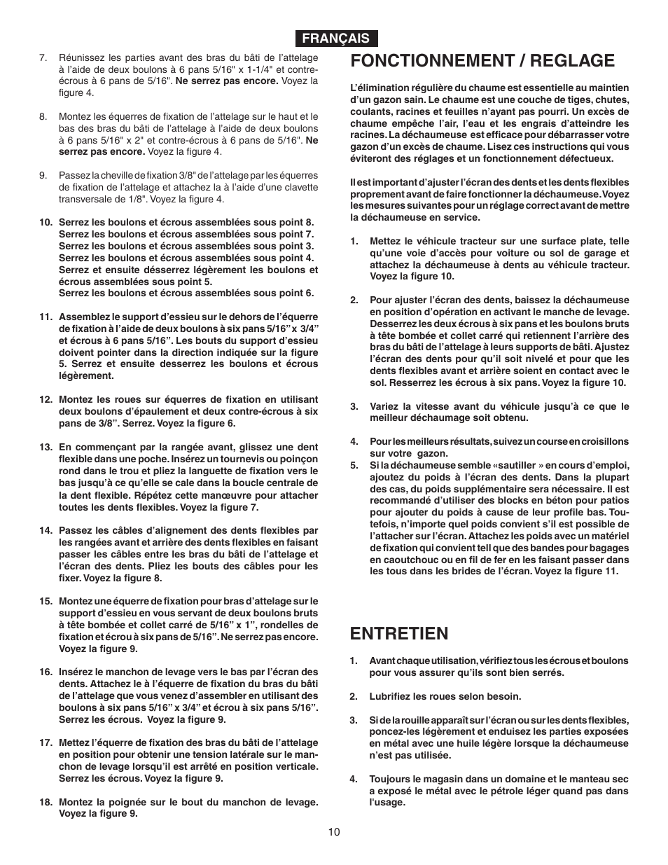 Fonctionnement / reglage, Entretien, Français | Agri-Fab Tine De-Thatcher 45-02951 User Manual | Page 10 / 12