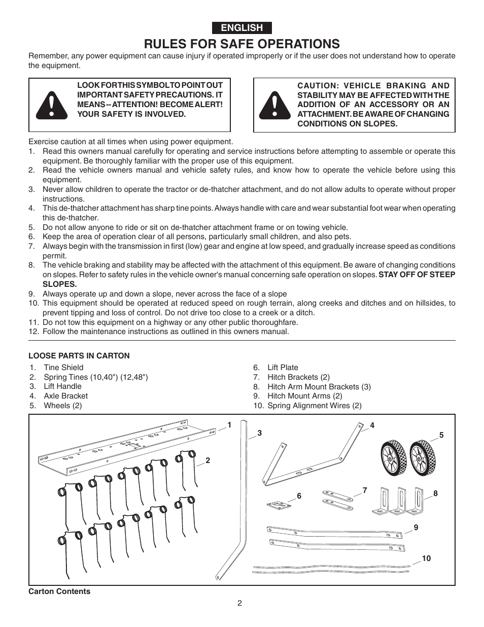 Rules for safe operations | Agri-Fab Tine De-Thatcher 45-02951 User Manual | Page 2 / 12