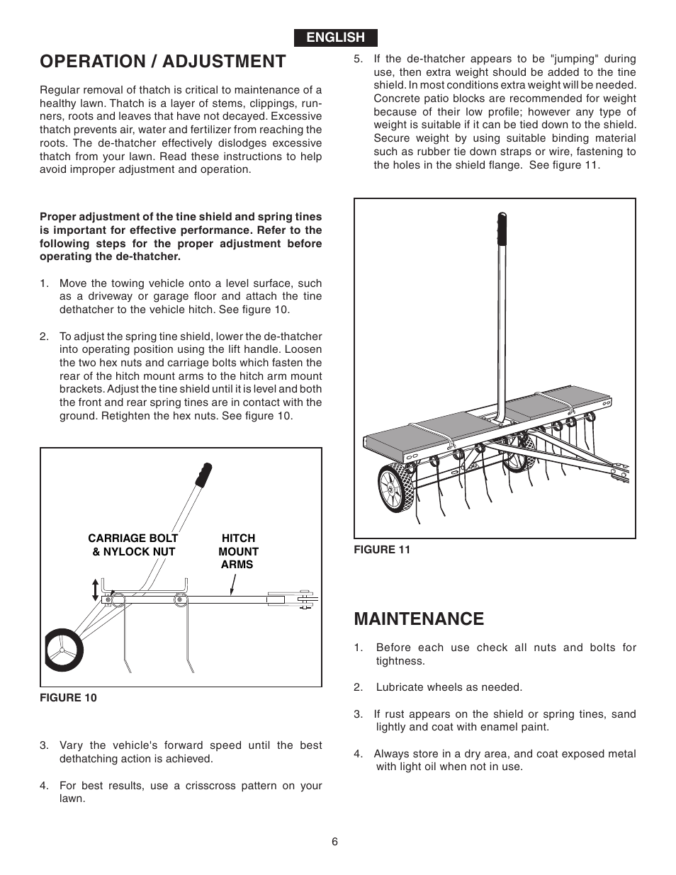 Operation / adjustment, Maintenance | Agri-Fab Tine De-Thatcher 45-02951 User Manual | Page 6 / 12