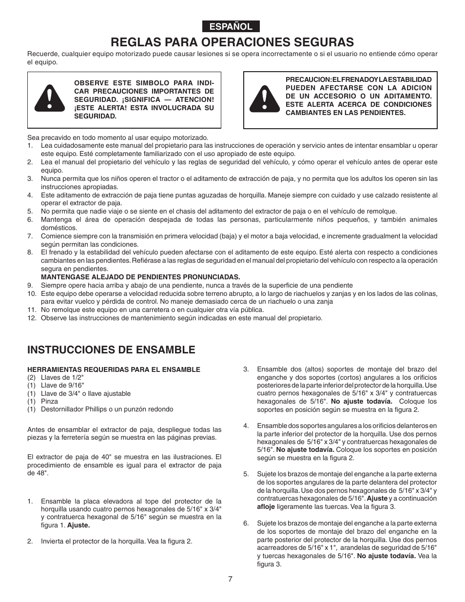Reglas para operaciones seguras, Instrucciones de ensamble, Español | Agri-Fab Tine De-Thatcher 45-02951 User Manual | Page 7 / 12