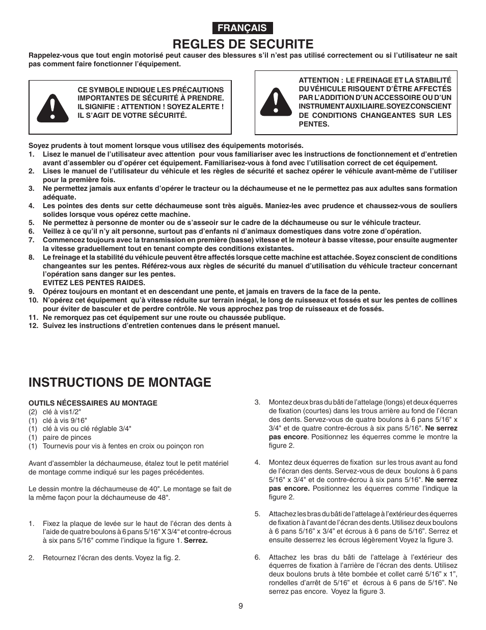 Regles de securite, Instructions de montage | Agri-Fab Tine De-Thatcher 45-02951 User Manual | Page 9 / 12