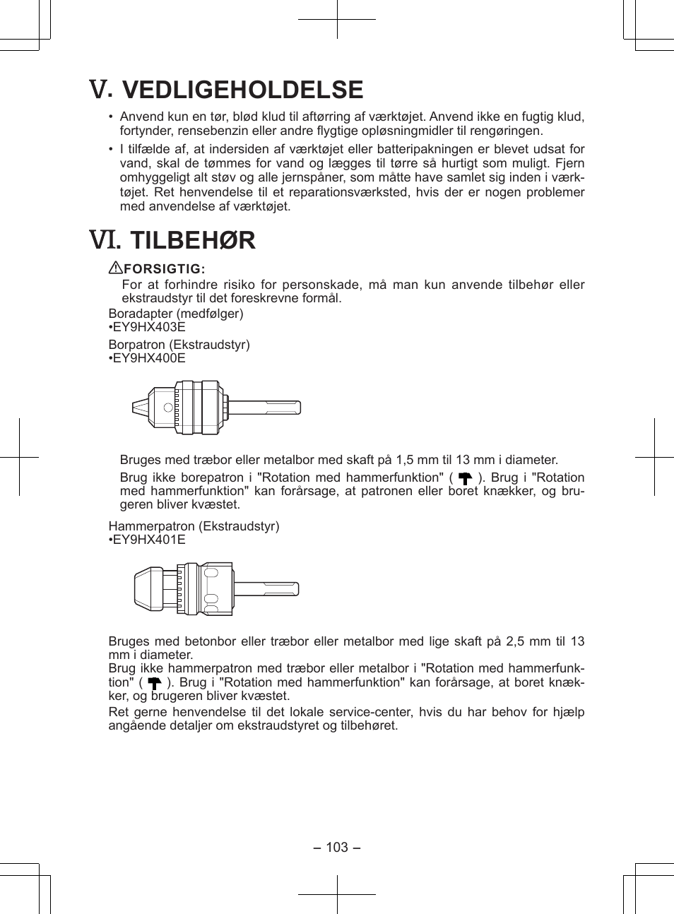 Vedligeholdelse, Tilbehør | Panasonic EY7840 User Manual | Page 103 / 148