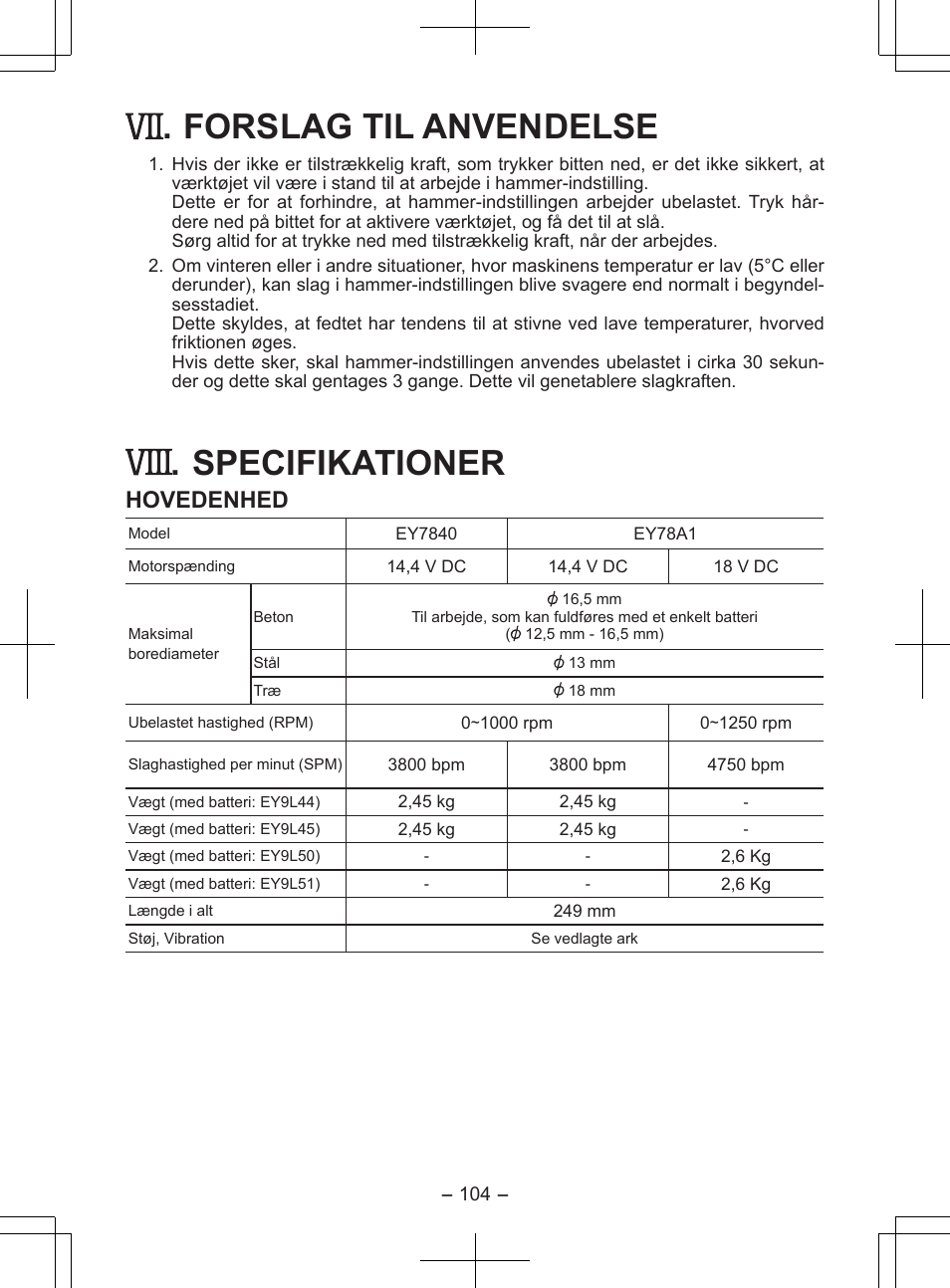 Forslag til anvendelse, Specifikationer, Hovedenhed | Panasonic EY7840 User Manual | Page 104 / 148