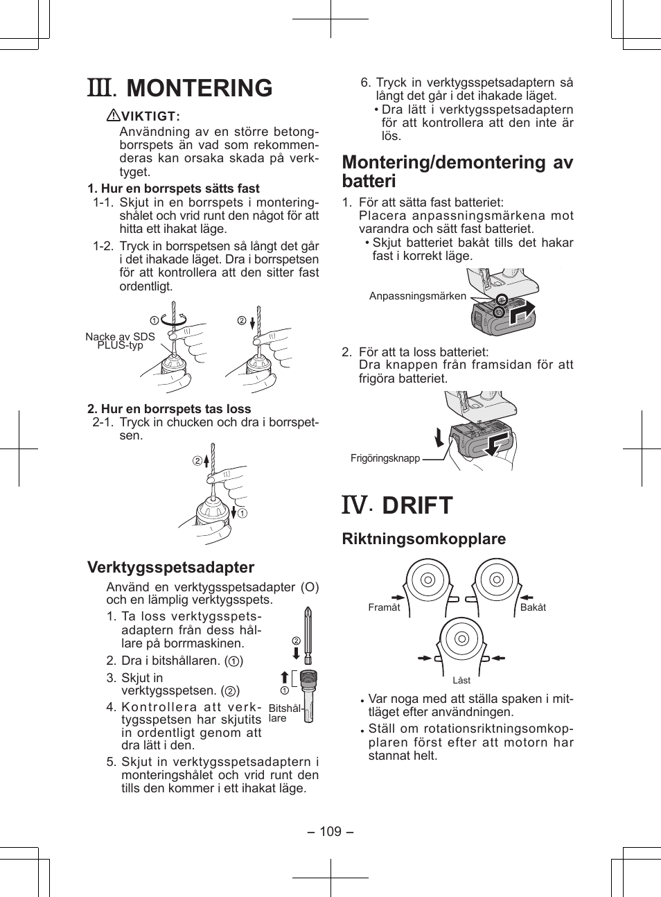 Montering, Drift, Montering/demontering av batteri | Verktygsspetsadapter, Riktningsomkopplare | Panasonic EY7840 User Manual | Page 109 / 148