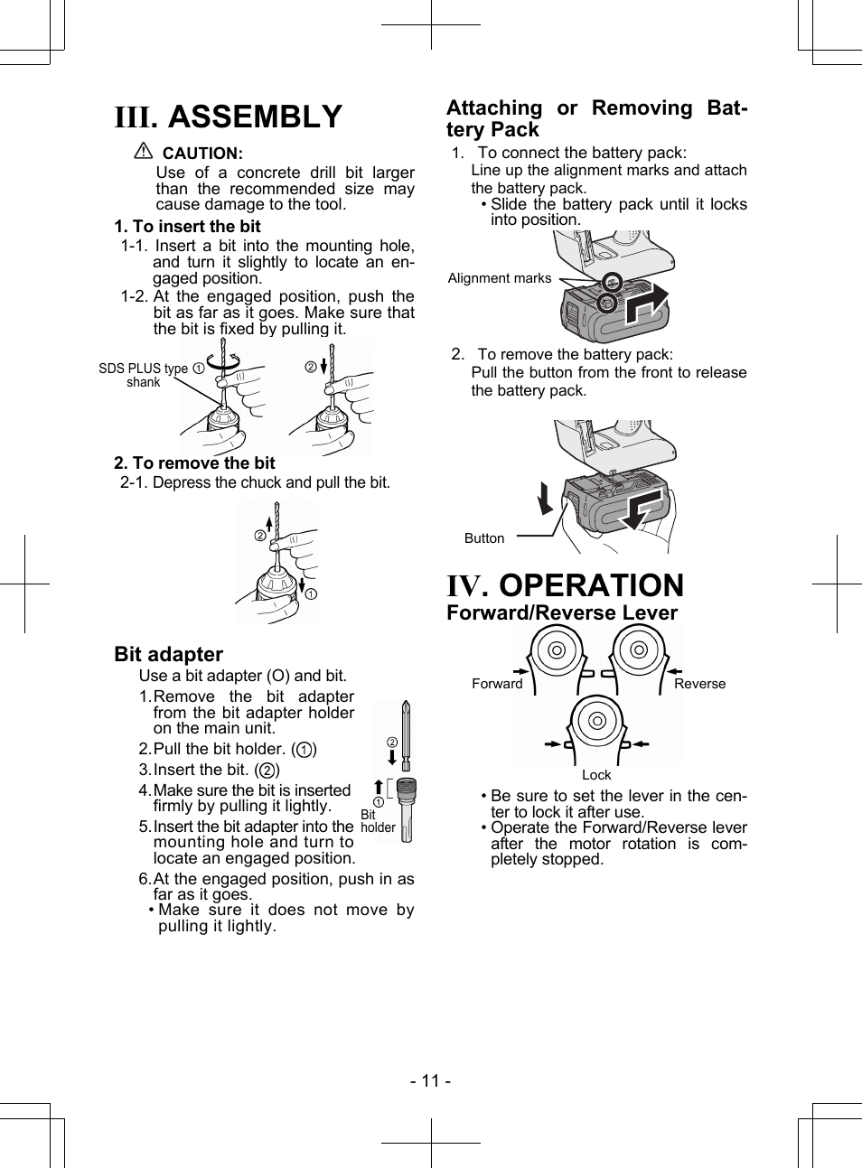 Iii. assembly, Iv. operation, Bit adapter | Attaching or removing bat- tery pack, Forward/reverse lever | Panasonic EY7840 User Manual | Page 11 / 148