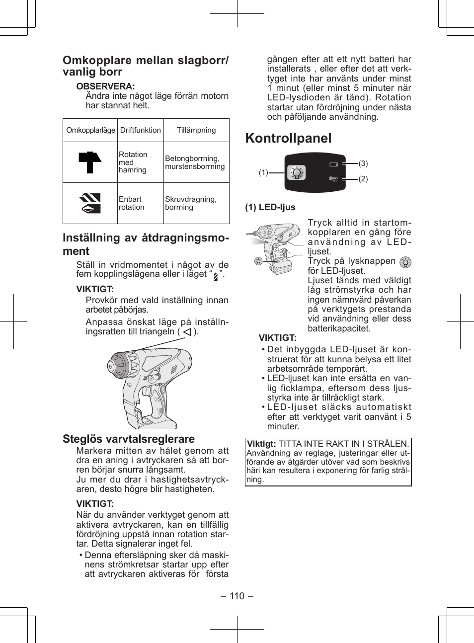 Kontrollpanel, Omkopplare mellan slagborr/ vanlig borr, Inställning av åtdragningsmo- ment | Steglös varvtalsreglerare | Panasonic EY7840 User Manual | Page 110 / 148