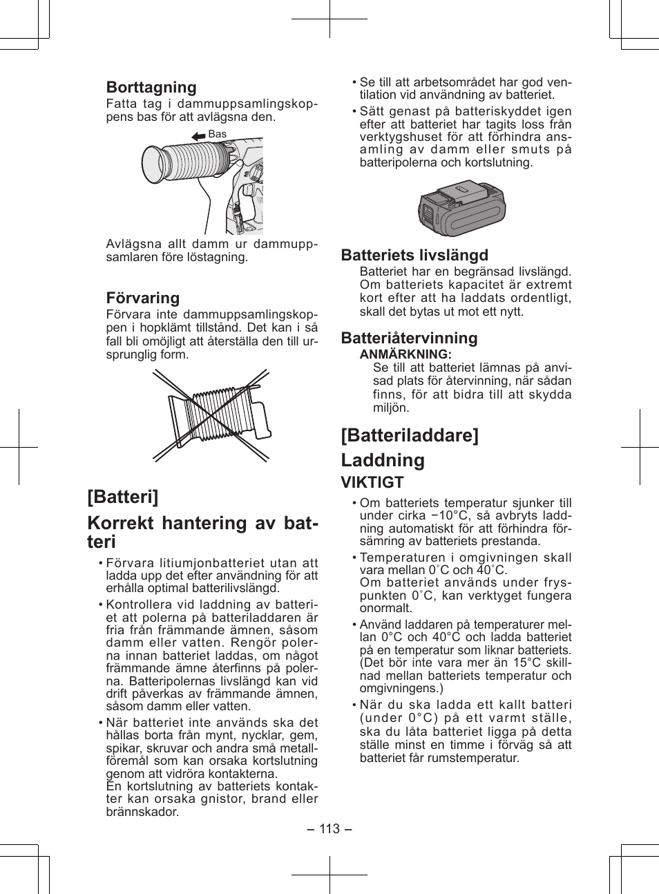 Batteri] korrekt hantering av bat- teri, Batteriladdare] laddning, Borttagning | Förvaring, Batteriets livslängd, Batteriåtervinning, Viktigt | Panasonic EY7840 User Manual | Page 113 / 148