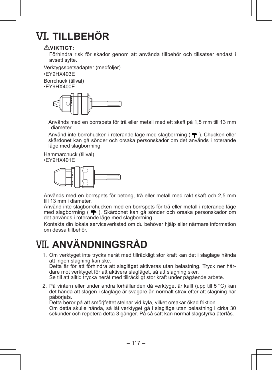 Tillbehör, Användningsråd | Panasonic EY7840 User Manual | Page 117 / 148